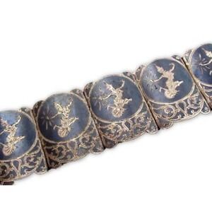Vintage Old Siam Dancers Panel Linked Enamel Sterling Silver 925 Bracelet‎
